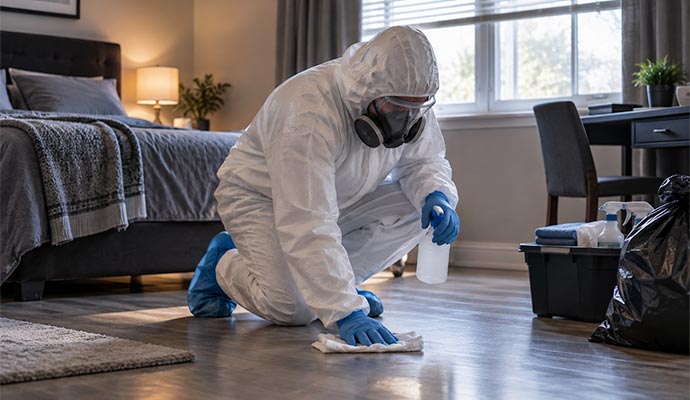 Professional cleaner cleaning a trauma scene