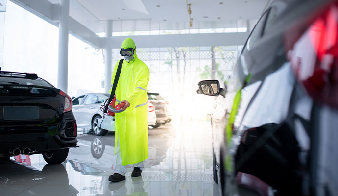 Professional worker disinfecting car parking