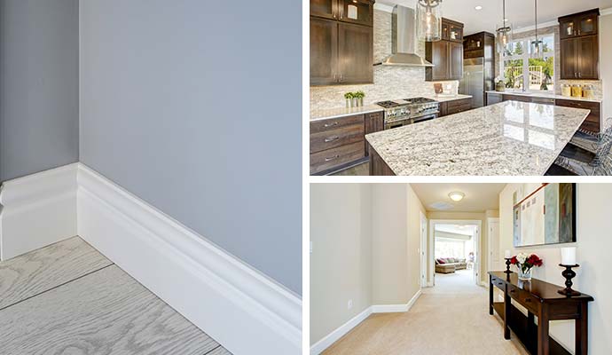 Residential surfaces walls baseboards countertops and hallway