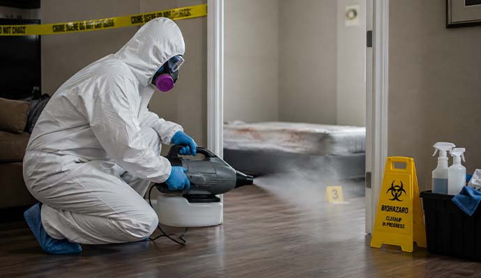 Technician fogging bedroom doorway with biohazard sign