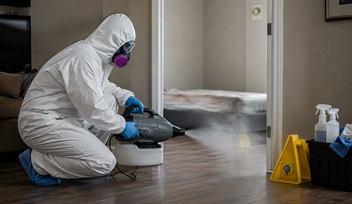 Technician fogging bedroom doorway with fogger machine
