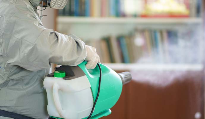 Technician fogging indoor room with electric fogger machine