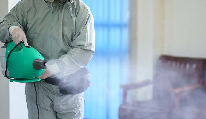 Technician operating electric fogger machine indoors
