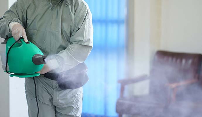 Technician operating odor fogging machine indoors