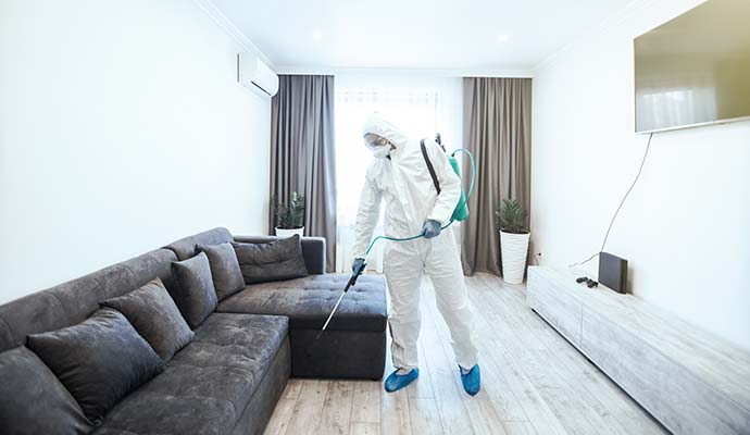 Technician spraying living room couch and flooring