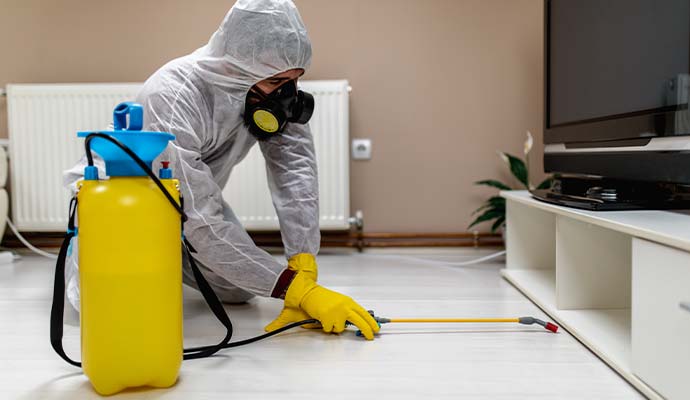 Technician with sprayer treating floor under furniture