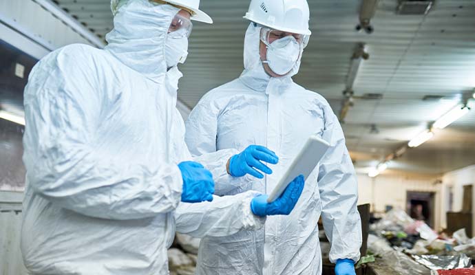 Technicians in protective suits reviewing tablet at cleanup site