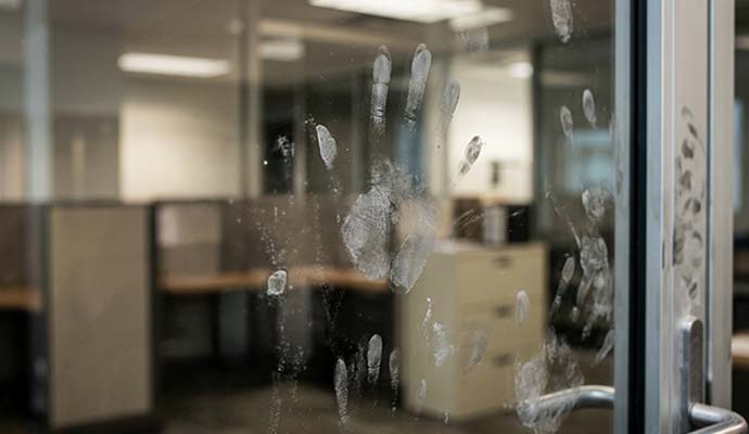 Visible hand print on a glass surface with fingerprint powder