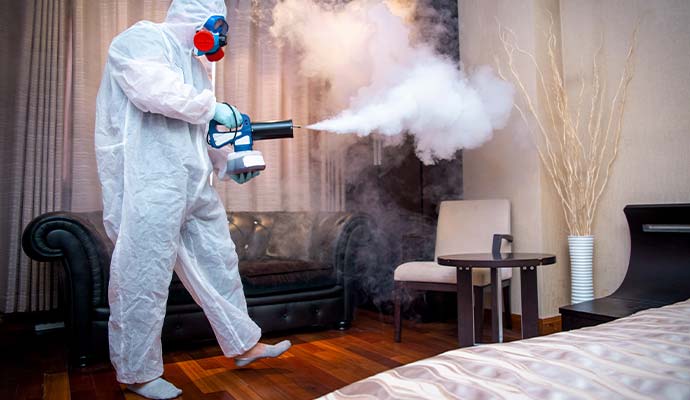 Worker in protective suit fogging living room