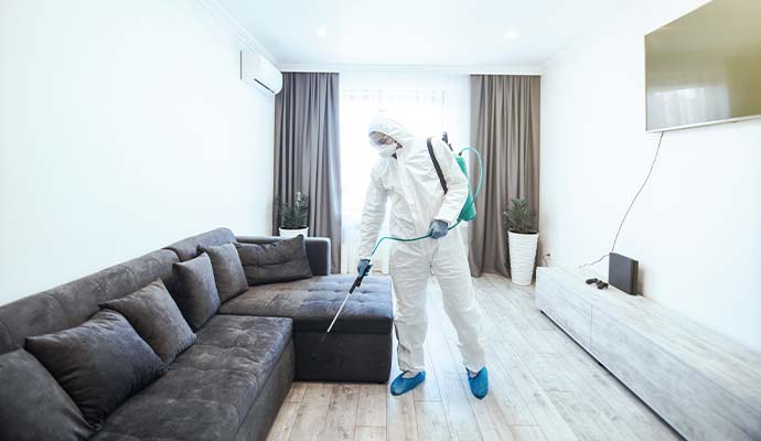 Worker in protective suit spraying living room couch