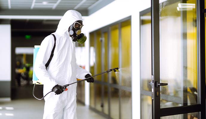 Worker in protective suit spraying office doorway