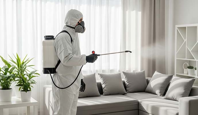 Worker with backpack sprayer sanitizing living room couch