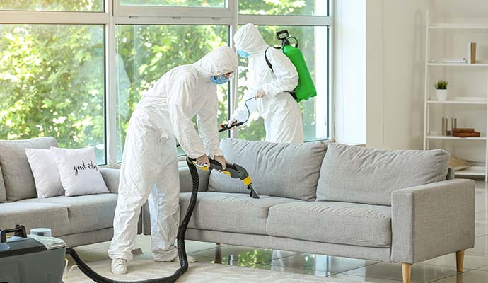 Workers in protective suits cleaning living room couch