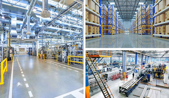 Collage of manufacturing floors, automated warehouses, and production lines