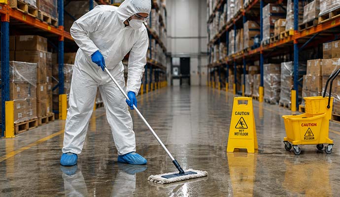 Technician in protective suit mopping warehouse floor