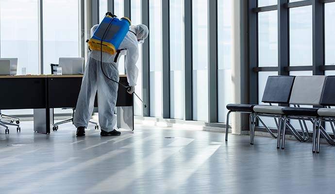 Technician with backpack sprayer treating office floor