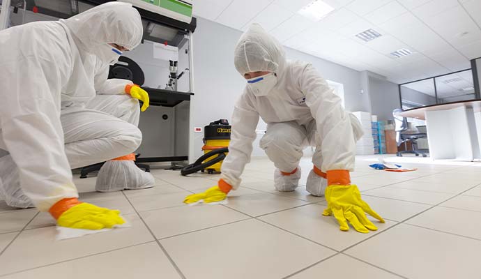 Technicians in protective suits cleaning tiled office floor