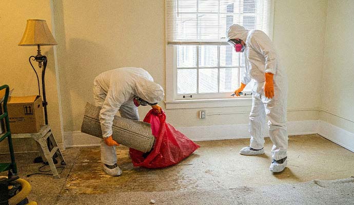 Technicians in protective suits removing carpet into biohazard bag