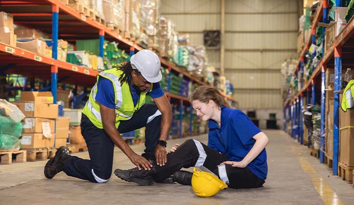 Worker assisting injured colleague on warehouse floor