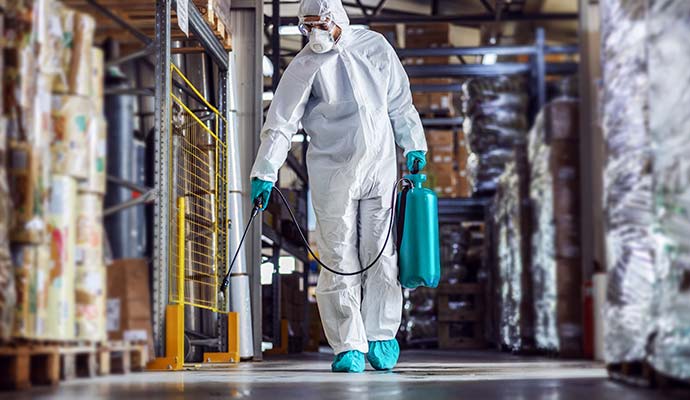 Worker in protective suit spraying disinfectant in warehouse aisle