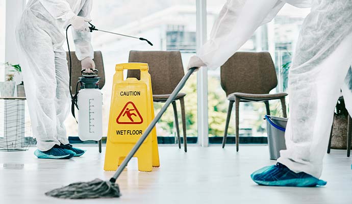 Workers in protective suits cleaning office floor with caution sign