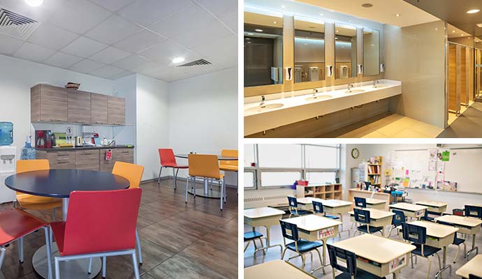 Workplace areas, break room restroom and classroom
