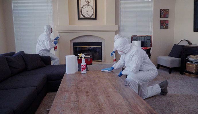 Workers in protective suits performing indoor disinfection and sanitization in a residential living room