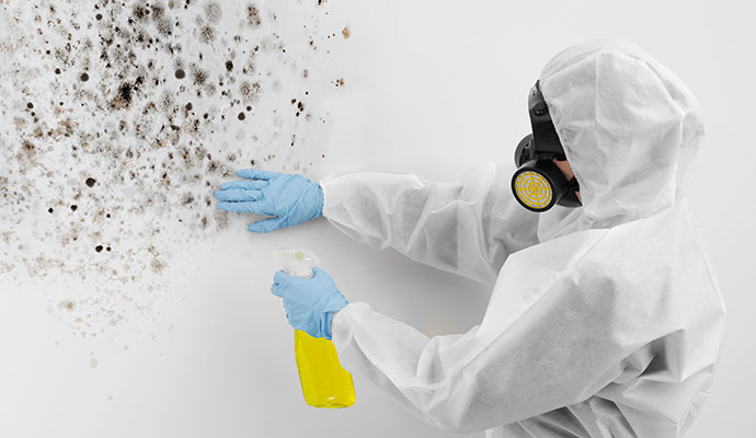 A professional in a white hazmat suit spraying a disinfectant treatment onto a wall covered in black mold