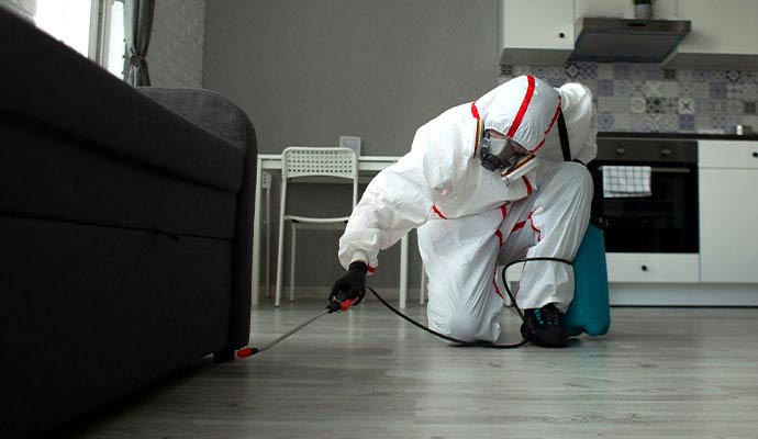Technician in protective gear performing indoor pest control treatment