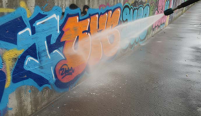 Power washing wand blasting spray paint graffiti off a concrete wall