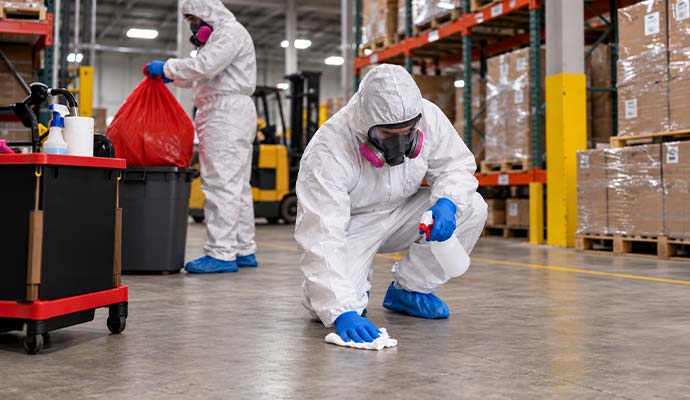 Professional cleaning a warehouse floor and handling biohazard waste