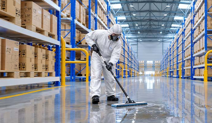 Professional in protective gear disinfecting a warehouse storage aisle