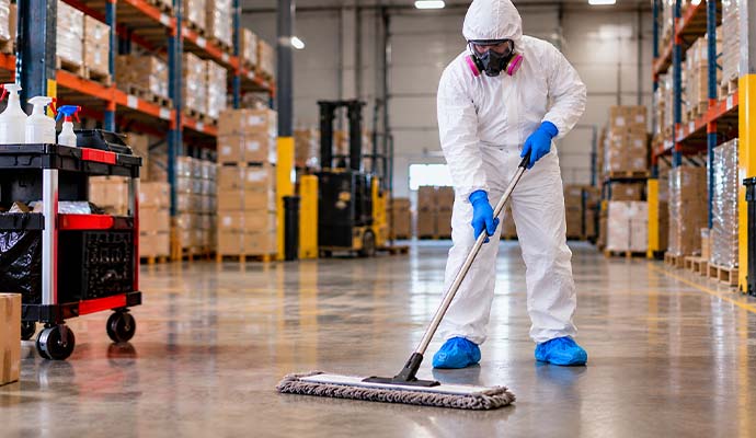 Professional in protective suit mopping a warehouse floor during cleanup