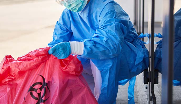Professional in protective suit securing a biohazard waste bag