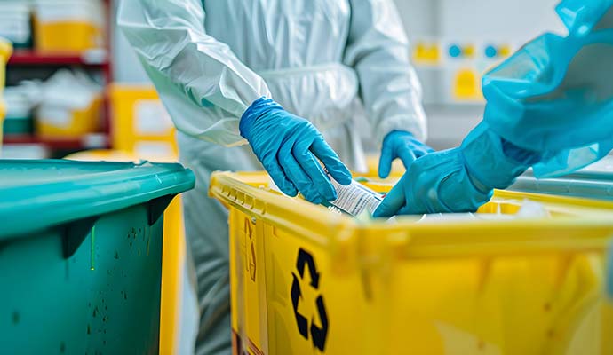 Professionals in protective gear sorting medical waste into a yellow biohazard bin