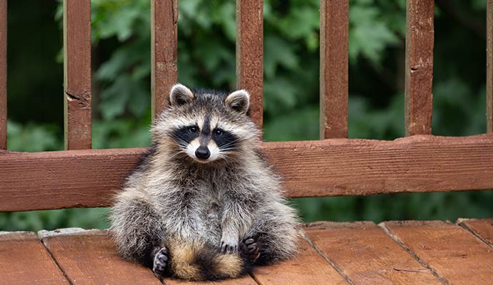 Raccoon sitting on a wooden deck in a residential outdoor area