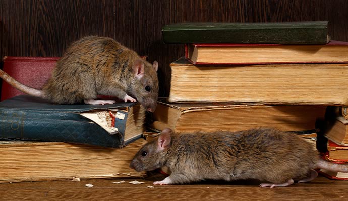 Rats near books and indoor storage area indicating possible rodent infestation