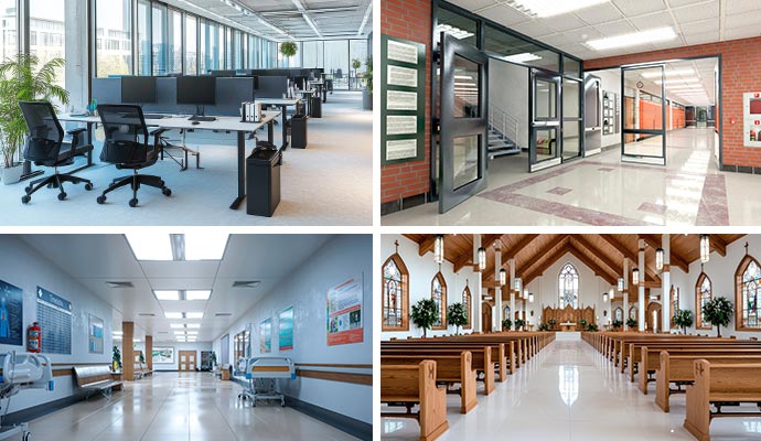 Collage commercial interiors including office, school, hospital and church