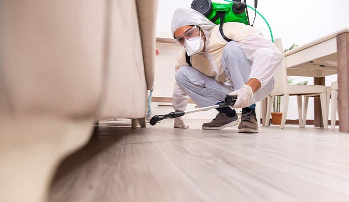 Specialist in protective gear disinfecting floor surface under furniture