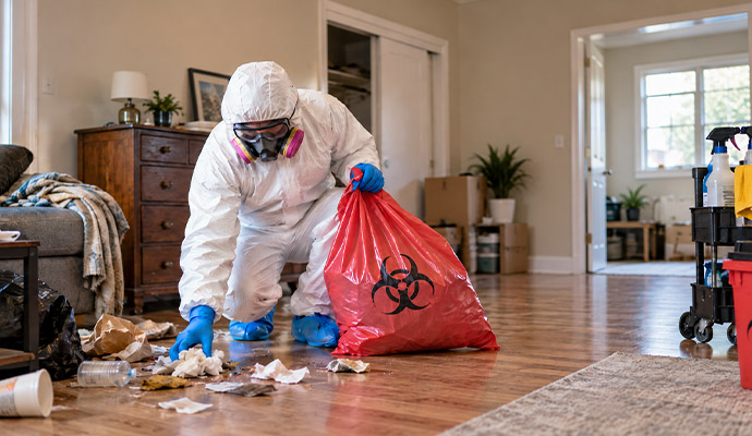Biohazard specialist removing waste and trash from living room floor