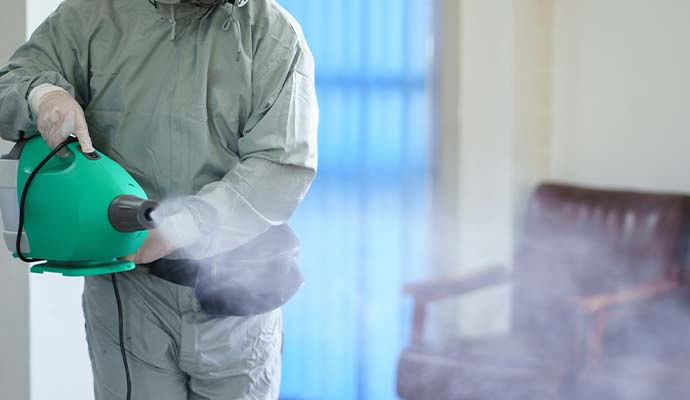 Specialist using a fogging machine for odor removal and deodorization