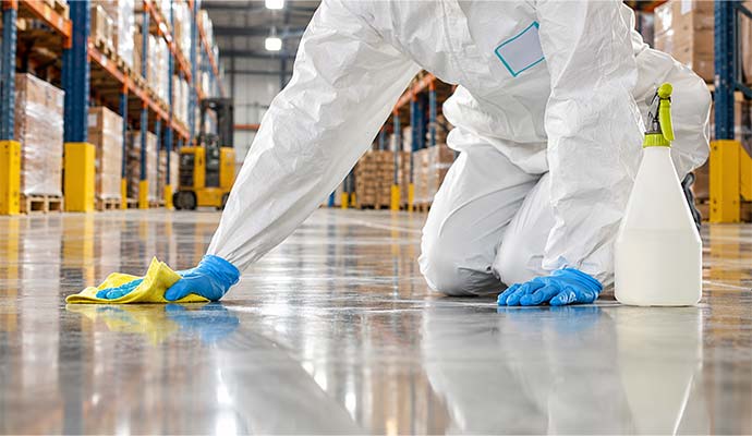 Technician cleaning warehouse surface with microfiber cloth and disinfectant