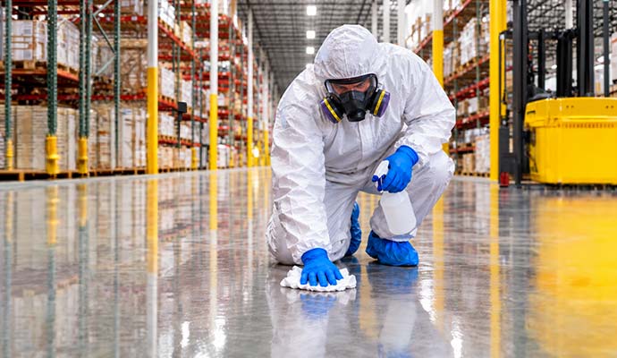 Technician in protective gear wiping and disinfecting a warehouse floor