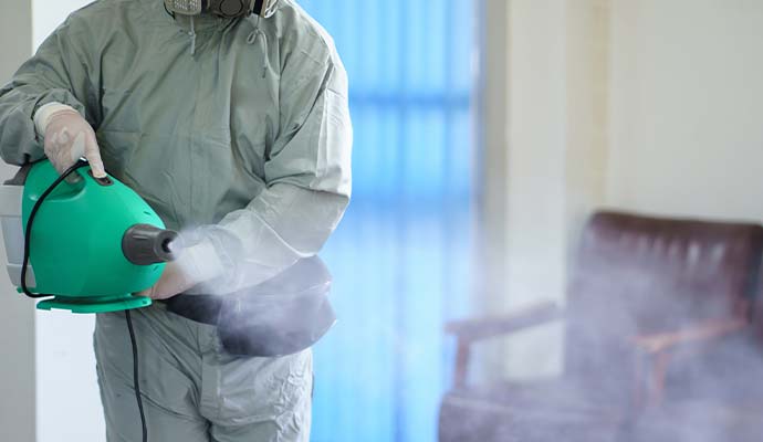 Technician operating electric fogger machine indoors