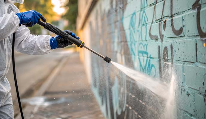 Technician in protective gear power washing graffiti off a brick wall