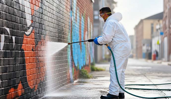 Technician spraying high-pressure water to remove graffiti from an exterior brick wall