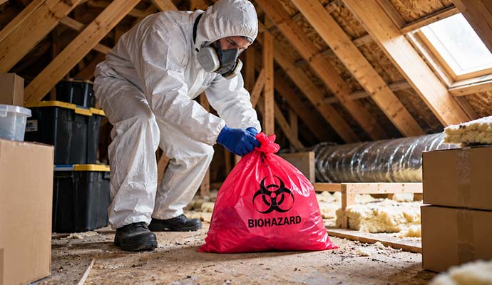Technician in protective gear securing a red biohazard waste bag in an attic