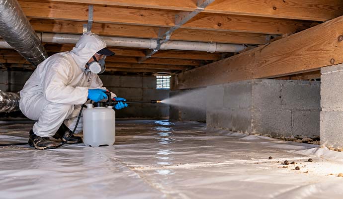 Technician in protective suit spraying disinfectant in a crawlspace
