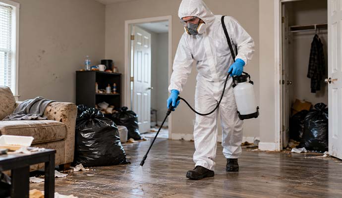 Technician spraying disinfectant solution in a contaminated room