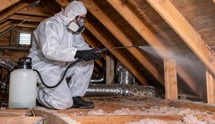 Technician in protective suit spraying sanitizing treatment in an attic